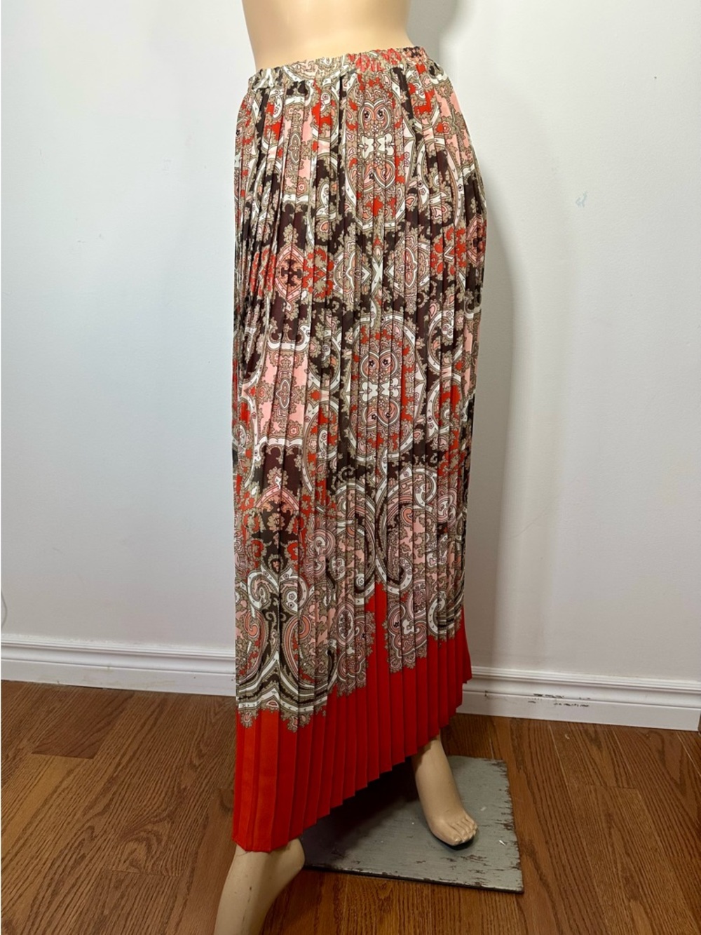 Vintage Michael Kors Paisley Pleated Boho Orange Print Elastic Waist Resort XS